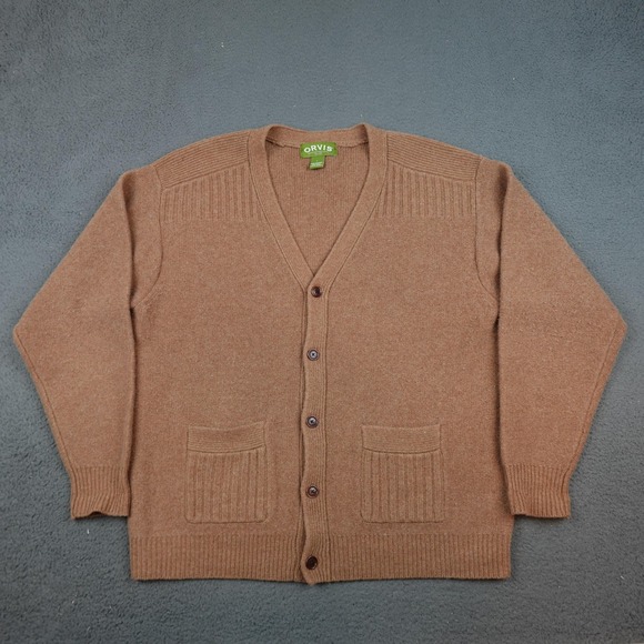 Orvis Sweater Mens Large Brown Lambswool Cardigan V Neck Button Front Pockets - Picture 1 of 10